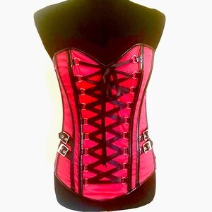 Fredericks of Hollywood Red Corset w Black Faux Leather, Small - Medium